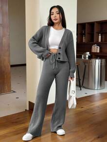SHEIN EZwear 秋冬季女士休闲纯色长袖针织开衫两件套 - 深灰色 - 查看 3