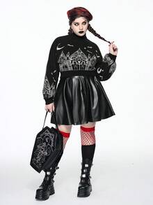 ROMWE Goth 大码女式哥特式圣诞城堡十字架图案高领撞色套头毛衣 - 黑與白 - 查看 8