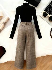 Franclia Stylish Autumn/Winter New Arrival: Versatile High-Neck Long-Sleeved Knitted Black T-Shirt, Base Layer + Brown Plaid, Plaid Trousers, Casual And Versatile High-Waisted Long Trousers, Spring/Autumn New Arrival: Thick Woolen Straight-Leg Trousers, Women's Two-Piece Set.Winter,Winter Clothes For Women,Christmas,New Year,New Year Clothes,Party,Beach,Elegant,Casual,Graduation Season Attire, Fashionable Casual Commuter Wear, Business Office Wear, Versatile And Stylish Everyday Casual Wear, Urban Teacher's Professional Attire - Multicolor - View 2