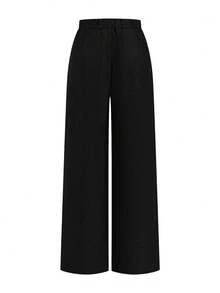 Ellevyn Women's Solid Color Pleated Wide Leg Loose Casual Office Pants - Black - View 3