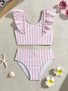 女童吊带泳衣套装，条纹针织比基尼上衣和下装，饰有可爱荷叶边，粉色，休闲可爱，两件套，适合游泳、度假和夏季穿着