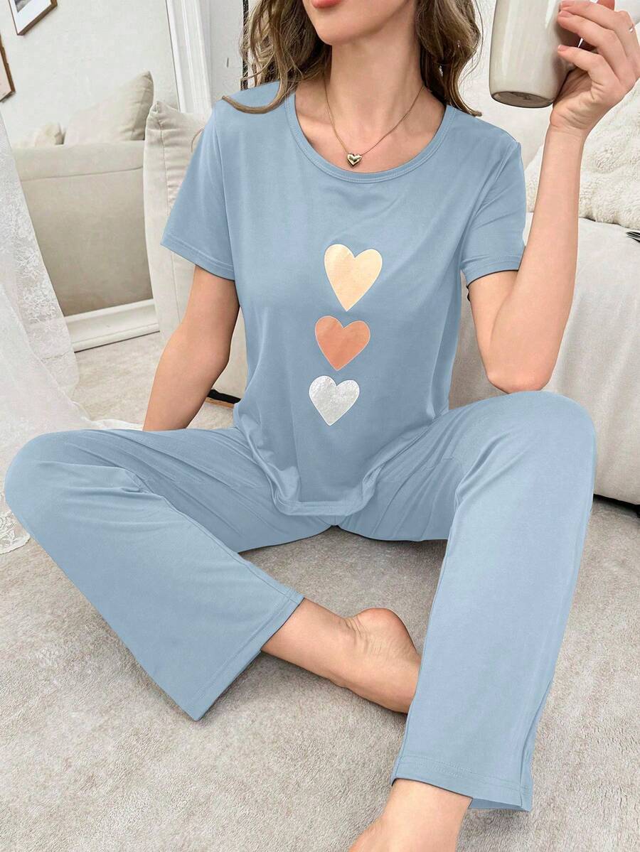 Bộ đồ ngủ 3 món in hình trái tim thường ngày dành cho nữ - Màu xanh bụi bặm - Xem 1