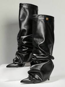 SHUZIA Botas altas hasta la rodilla con tacón sexy y elegante para mujer, con decoración de candado de metal - Negro - Ver 5