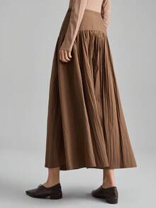 Ontre 2026春夏新款棕色高腰百褶女裙，现代优雅浪漫休闲通勤办公适用，也适合婚礼宾客、海滩度假、音乐会、派对等场合。 - 棕色 - 查看 3