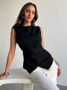 Aloruh Women's Elegant Commuter Fitted Cross Waist Solid Gray Shirt,Black Top - Black - View 6