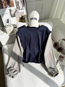 Resyla Women's Casual Contrast Color Drawstring Hem T-Shirt, Autumn - Navy Blue - View 5