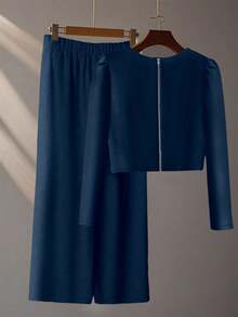 GlowEve 两件套：独特串珠长袖上衣和中长裙，优雅秋冬风格 - 寶藍色 - 查看 2