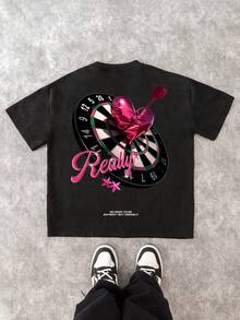 Manfinity ZONE917 ZONE917 Loose Fit Valentine's Day Heart Balloon Graphic Print Black Cotton Knit T-Shirt (Wide Sleeve, Collar, Hem) - Black - View 1