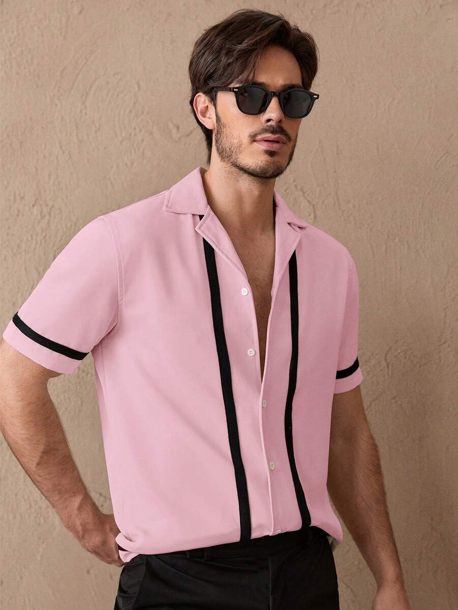 Manfinity VCAY Áo sơ mi nam tay ngắn dệt đơn hàng khuy đơn giản - Hồng - Xem 1