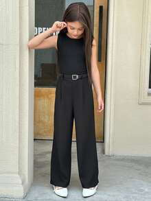 Firerie Kids Firerie Kids Tween Girls' Black Plunge Neck Jumpsuit For Commute & Daily Wear Black Jumpsuit Wide Leg Jumpsuit One Piece Jumpsuit Sleeveless Jumpsuit - Black - View 3