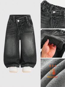 SHEIN 女婴蓝色牛仔毛绒衬里不对称腰部宽松裤 - 深灰色 - 查看 2