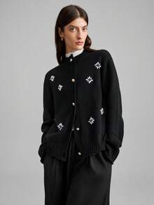 Women's Wool Blend Cardigan With Rhinestone Decor, Elegant For Thanksgiving, Christmas, New Year Party, Wedding Guest, Casual Chic Basic Sweater Top For Outings, Autumn/Winter - Black - View 7