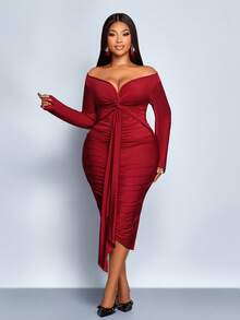 SOLERSUN Plus Size Fall And Spring New Style Solid Color Knitted High Elastic Shiny Fabric V-Neck Pleated Twist Design Hip Long Sleeve Dress Suitable For Dating Dinner Wedding Party Occasions Elegant Sexy Concert Carnival Graduation Party Fashion Women's Clothing