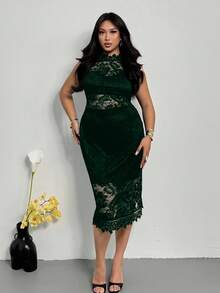 Firerie 大码女士单身派对夏季连衣裙 - 优雅白色蕾丝短袖镂空腰身中长连衣裙，适合婚礼和各种场合；浪漫性感修身蕾丝中长连衣裙，适合约会和正式派对；OL美人鱼款连衣裙 - 墨綠色 - 查看 4