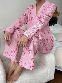 SHEIN 女士领结条纹印花长袖睡衣套装 - 彩色 - 查看 7