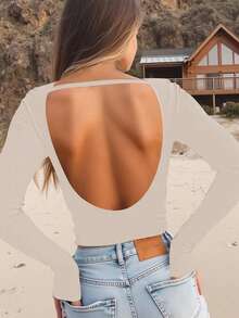 INAWLY Camiseta ajustada de manga larga y espalda descubierta de unicolor y diseño minimalista para mujer - Albaricoque - Ver 4