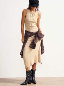 Bohemela Casual Solid Color Knit Fitted Sleeveless Round Neck Washed Long Dress For Women - Khaki - View 6