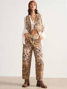 Bohemela 波西米亚风牛仔印花休闲无袖露脐背心，女士秋冬款 - 棕色 - 查看 7