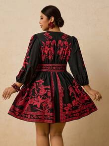 Travachic 大码女式碎花连衣裙，V领A字裙，七分袖短款连衣裙，适合早春浪漫约会旅行 - 彩色 - 查看 3