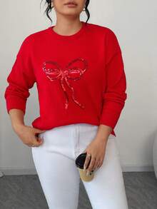 Elenzga Christmas Plus Size Sequin Bow Decor Crew Neck Casual Pullover Sweater, Red, Autumn/Winter - Red - View 5