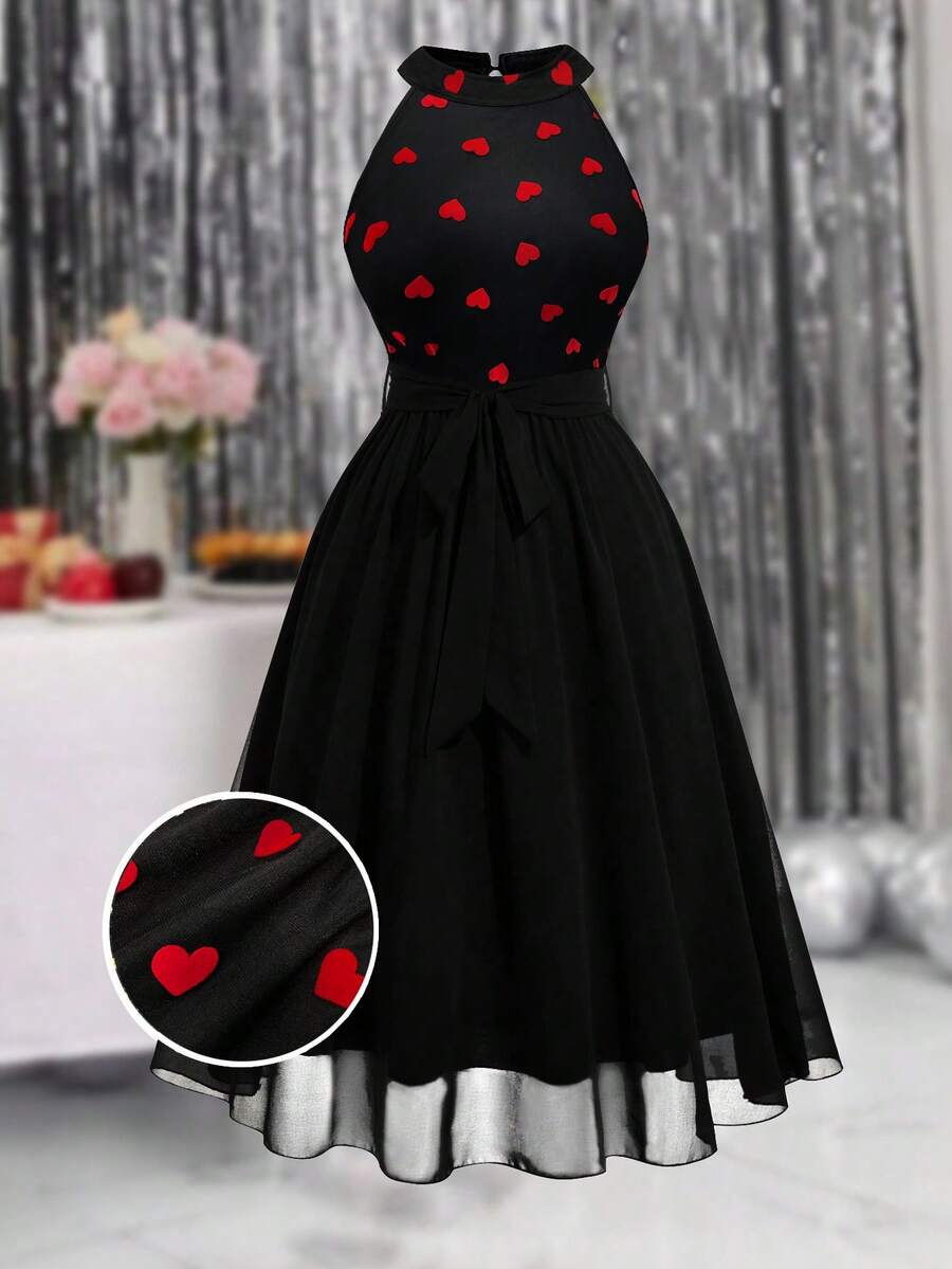 EMERY ROSE Plus Size Women Sleeveless Patchwork Sequin Embellished Elegant Dress Maxi Women Outfitvalentine's Day  Valentine Outfits For Women    Valentine Clothes   Plus Size Valentines  Valentines Day Dress Valentine Day Dress Red Heart Dress Halter Neck Dress Black Dress With Bow Black Dress Heart Dress - Black - View 1