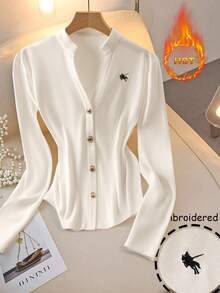 SHEIN Franclia Women's Elegant Embroidered Button T-Shirt,Warm Lining Long-Sleeved V-Neck Top For Autumn Office,Black And White Solid Color Luxury Basic Tee - White - View 3