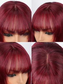 无胶多层直发假发，带刘海的波波头假发，真人发丝，4x4 预剪蕾丝无胶假发，真丝波波头假发，可穿戴，透气短波波头假发，99J# 酒红色波波头假发，10-14 英寸
