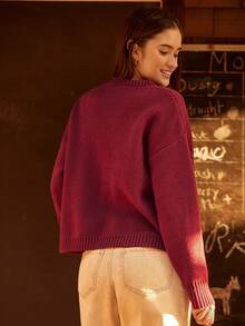 WESTFADE Wine Weather Crew Neck Loose Boxy Fit Pullover Knit Sweater Winter, Boho, Western Wear, Holiday, Christmas, NYE, New Year, Nashville Cowgirl, Casual, Cute - Burgundy - View 4