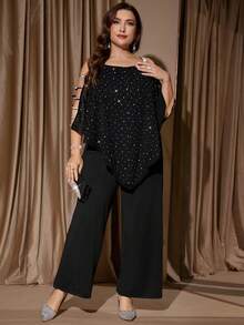 Reflora 大码女士优雅雪纺上衣配银色丝带装饰连体裤 - 黑色 - 查看 6