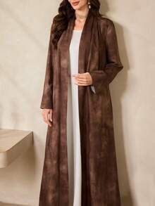 Al Najma Áo choàng Abaya Ả Rập hở phía trước cổ điển kiểu Trung Đông mới dành cho nữ màu nâu in họa tiết nhuộm loang - màu nâu - Xem 5
