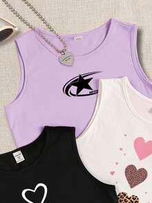 Set de 3 camisetas de tirantes con gráficos de corazón y estrella, estilo minimalista casual para adolescentes, adecuado para el verano - Multicolor - Ver 4