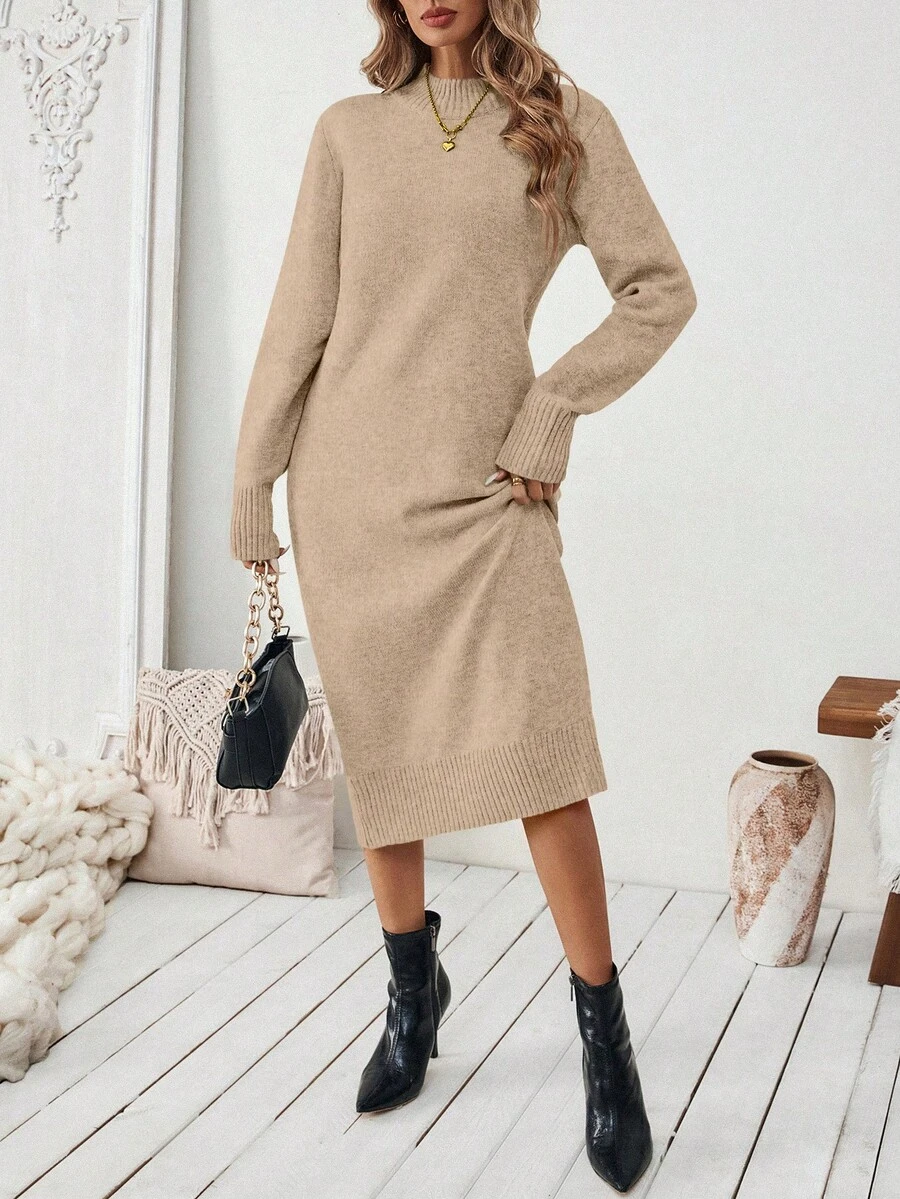 EMERY ROSE Women's Coffee Brown Straight Simple Knit Sweater Dress - Khaki - View 1