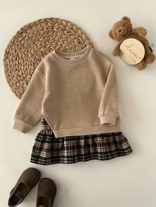 复古可爱格子长袖女婴连衣裙 - 杏色 - 查看 8