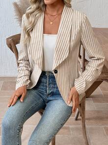 EMERY ROSE 女士条纹印花单扣优雅长袖西装外套，春假必备单品 - 彩色 - 查看 4