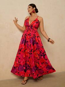 Travachic Vestido de verano de talla grande con cuello en V profundo, sin mangas y estampado floral y de plantas en estilo bohemio - Rojo - Ver 8