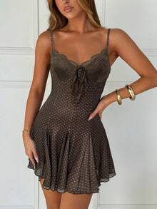 SHEIN EZwear Black Polka Dot Casual Vacation Spaghetti Strap Mini Dress, Summer Polka Dot Dress Brown Lace Dress Brown Dress Brown Polka Dot Dress,Dresses For Women Party Chocolate Brown Dress Brown Slip Dress Brown Mini Dress - Multicolor - View 4