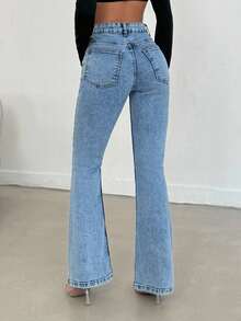 EURMUSE 98% CottonHigh Waist Snow Wash Flare Jean - Medium Wash - View 2