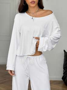 SHEIN EZwear 2 件套女士休闲纯色长袖上衣和裤子套装，秋季 - 白色 - 查看 3