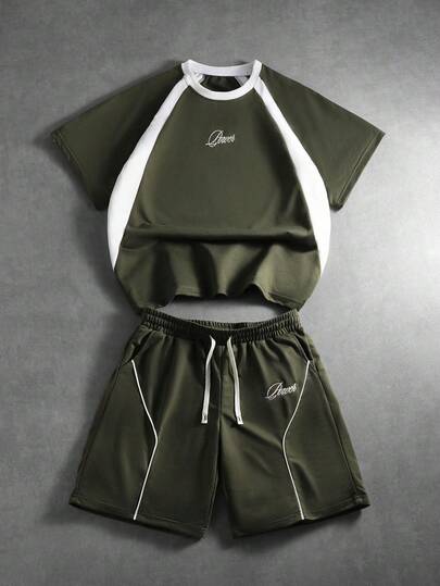 PAVTROS 男士拼接撞色短款刺绣图案T恤套装，男士街头服饰，宽松，品牌，“我爱我的男朋友”，图案，男朋友，男士圆领插肩袖撞色反光条T恤套装