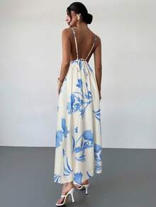 Firerie 女士纯色休闲吊带露背印花宽松夏威夷度假连衣裙，奶油黄 - 藍色 - 查看 2