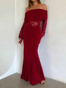 Aloruh Vestido Longo de Manga Comprida com Ombros à Mostra, Renda, Manga Flare e Bainha de Sereia, Vermelho, Ideal para Natal e Ano Novo, Vestido Romântico para Encontros no Dia dos Namorados - Vermelho - Visão 5