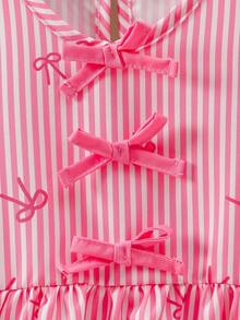 SHEIN Elladie kids Young Girls Bow Striped Print Top & Printed Casual Pants Set, Suitable For Summer - Coral Pink - View 4