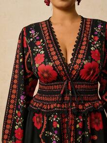 Travachic 大码女式黑红印花连衣裙，褶皱蕾丝边拼接连衣裙，腰部系带A字长袖长款连衣裙，浪漫约会旅行连衣裙 - 黑色 - 查看 5