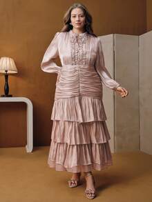 Anewsta Plus Size Women Lantern Sleeve Ruffle Collar Fitted Waist Mermaid Maxi Dress - Pink - View 3
