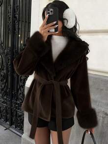 MainGRL Women's Fashionable & Elegant Coffee Brown Suede Blend Jacket, Suitable For Autumn/Winter Outings, Back To School And Daily Wear, Women's Winter Clothing - Coffee Brown - View 4