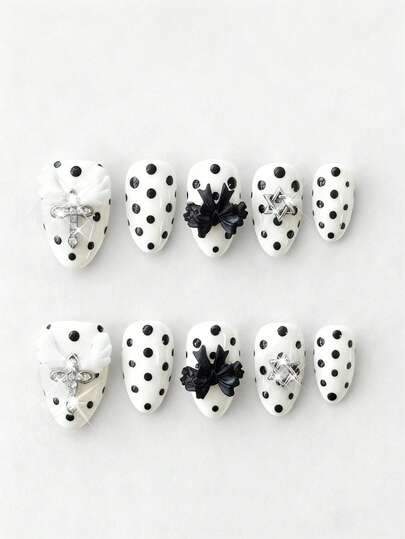 Anime 10pcs Cute Bowknot Music Note Star Element High Quality Handmade False Nails + 3pcs Double-Sided Adhesive, Y2K French Style Rhinestone Chain Polka Dot Removable Nail Art Stickers, Suitable For Holidays, Parties, Dancing And Daily Wear