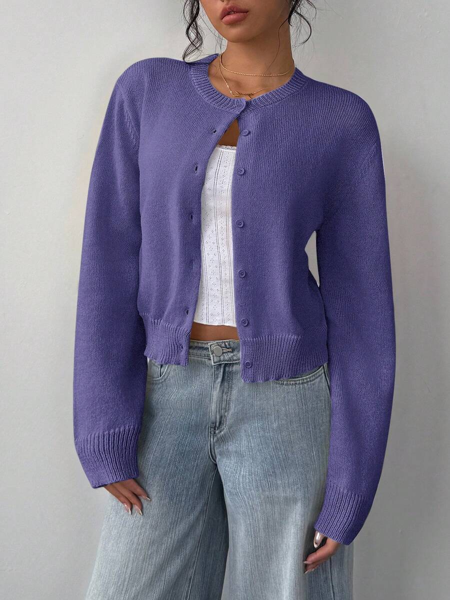 SHEIN BASICS Áo khoác cardigan dáng rộng màu trơn cổ tròn tay dài màu đen cho nữ, áo đi học vào mùa thu/đông - Màu tím - Xem 1