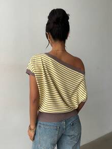 Aloruh 女士休闲日常黄色撞色条纹短袖毛衣，春夏款 - 彩色 - 查看 2