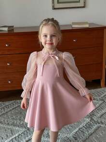 SHEIN 少女纯色针织网纱泡泡袖修身A字法式连衣裙。粉色网纱蝴蝶结连衣裙。少女特殊场合连衣裙，粉色连衣裙，休闲简约舒适翻领泡泡袖网纱拼接连衣裙，适合婚礼季、圣诞节、生日礼物、派对穿着，也适合母女/姐妹装。返校季。 - 粉色 - 查看 3