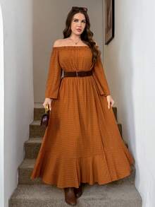 Zelara Vestido de moda de manga larga con cuello cuadrado y abertura lateral para mujer de talla grande - Marrón - Ver 7